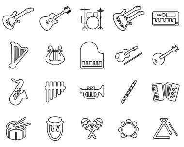Müzik Enstrümanları Simgesi Siyah & Beyaz İnce Çizgi Büyük Ayarlandı