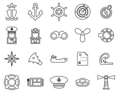 Denizcilik Gemisi ve Ekipman Simgeleri Siyah & Beyaz İnce Çizgi Seti