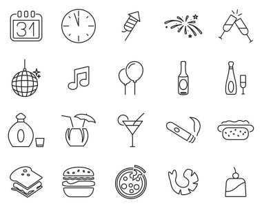 Yeni Yıl Arifesi veya Yeni Yıl Partisi Simgeleri Siyah & Beyaz İnce Çizgi S