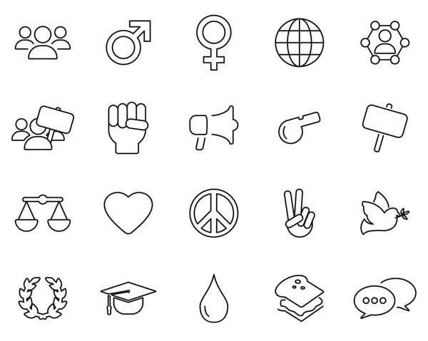 Iconos de derechos humanos Conjunto de líneas delgadas en blanco y negro Grande — Vector de stock