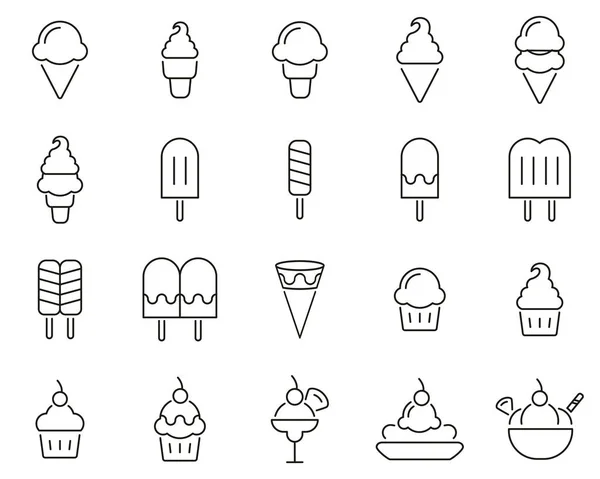 Iconos de helado Conjunto de línea delgada en blanco y negro Grande — Archivo Imágenes Vectoriales