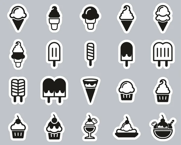 Ice Cream Pictogrammen Zwart & Wit Sticker Set Groot — Stockvector