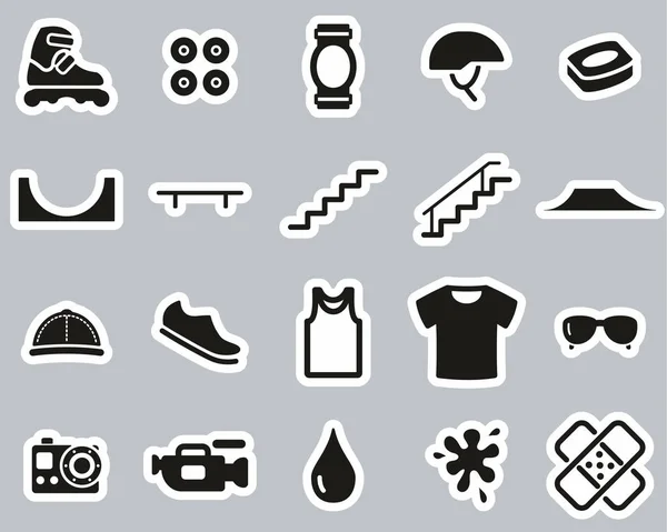 Inline Extreme Sport & Apparatuur Pictogrammen Zwart-wit Sticker Set — Stockvector