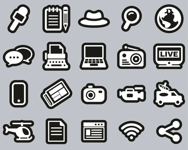 Journalist Or Reporter Icons White On Black Sticker Set Big — Stock Vector