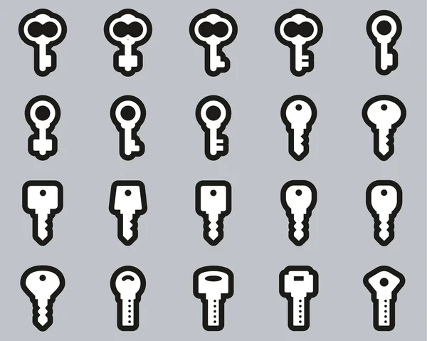 Chiavi o varie forme di chiavi icone bianche sul set di adesivi neri — Vettoriale Stock