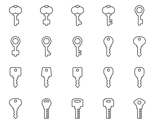 Chiavi o varie forme di chiavi icone Set di linee sottili in bianco e nero — Vettoriale Stock