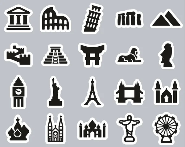 Látványosságok a világ Icons fekete-fehér matrica készlet nagy — Stock Vector