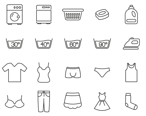 Mosás vagy mosás ruhák ikonok fekete-fehér vékony vonal készlet nagy — Stock Vector