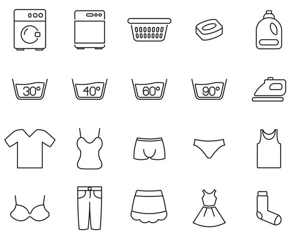 Прачечная или стирка Иконы Черно-белая тонкая линия набор большой