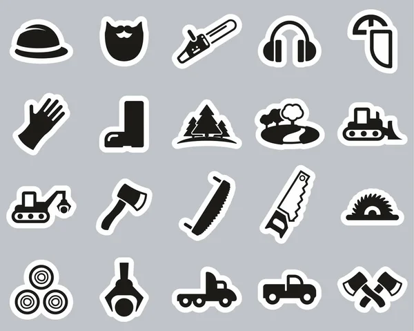 Conjunto de etiquetas engomadas en blanco y negro de madera o leñador iconos — Vector de stock