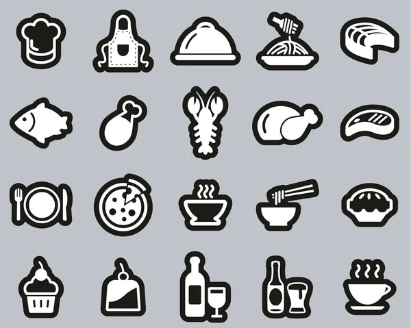 Almuerzo o restaurante almuerzo iconos blanco y blanco etiqueta engomada conjunto grande — Archivo Imágenes Vectoriales