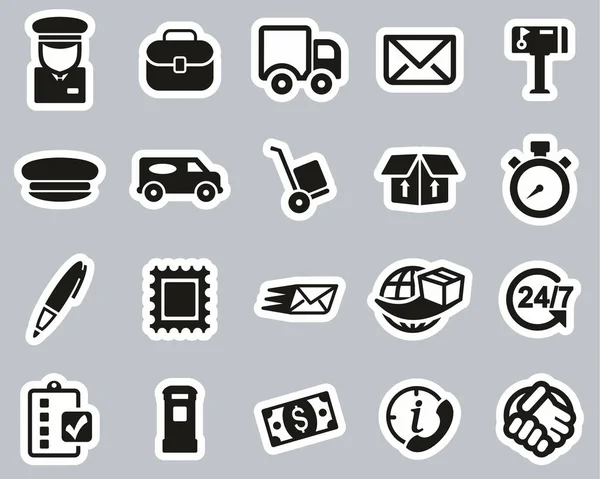 Post Man of postkantoor werknemer Pictogrammen Zwart-wit Sticker Set B — Stockvector