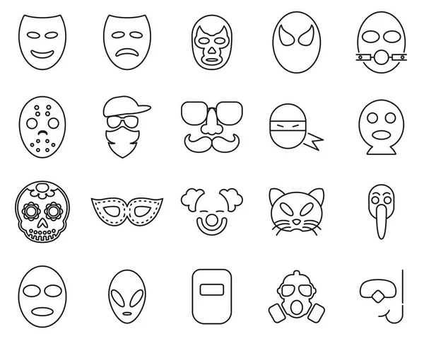 Máscara o disfraz iconos blanco y negro delgada línea conjunto grande — Vector de stock
