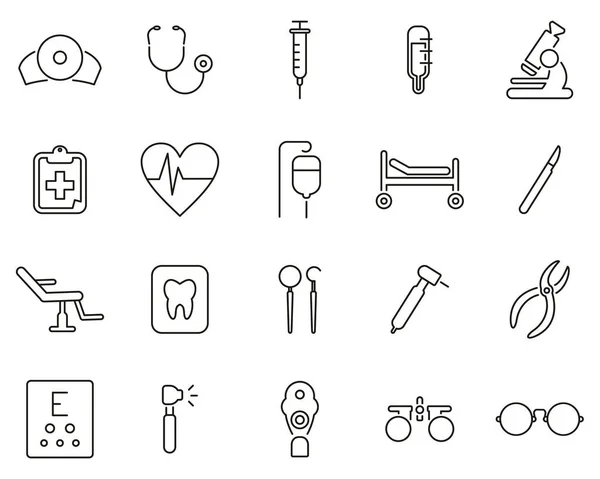 Equipamento médico ícones preto & branco fino linha definido grande —  Vetores de Stock