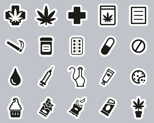 Stiker Hitam & Putih Ikon Mariyuana Medis Set Besar - Stok Vektor