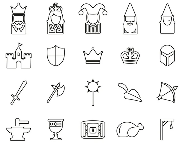 Iconos medievales de tiempo y cultura Conjunto de líneas finas en blanco y negro Grande — Vector de stock