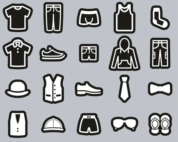 Vestuário masculino e acessórios ícones brancos no conjunto de adesivos pretos B — Vetor de Stock