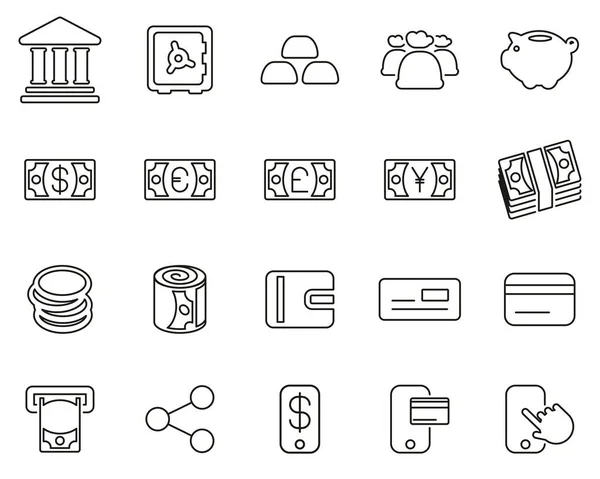 Iconos de dinero o moneda Conjunto de línea fina en blanco y negro Grande — Vector de stock