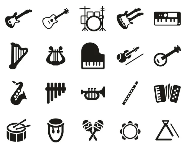 Instrumentos Musicales Iconos Blanco y Negro Set Grande — Archivo Imágenes Vectoriales