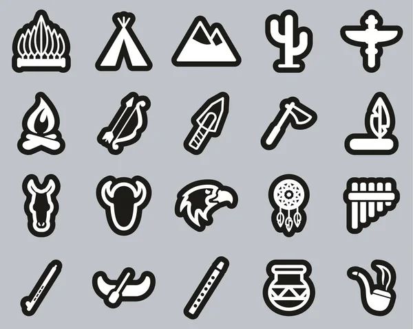 Iconos de la cultura nativa americana blanco en etiqueta engomada negro conjunto grande — Vector de stock