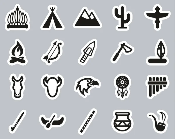 Autocollant d'icônes de culture amérindienne noir et blanc Big Set — Image vectorielle
