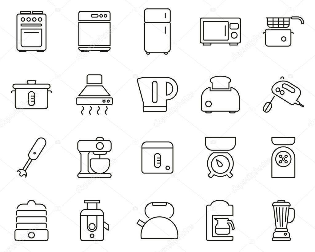 Kitchen Appliances Icons Black & White Thin Line Set Big