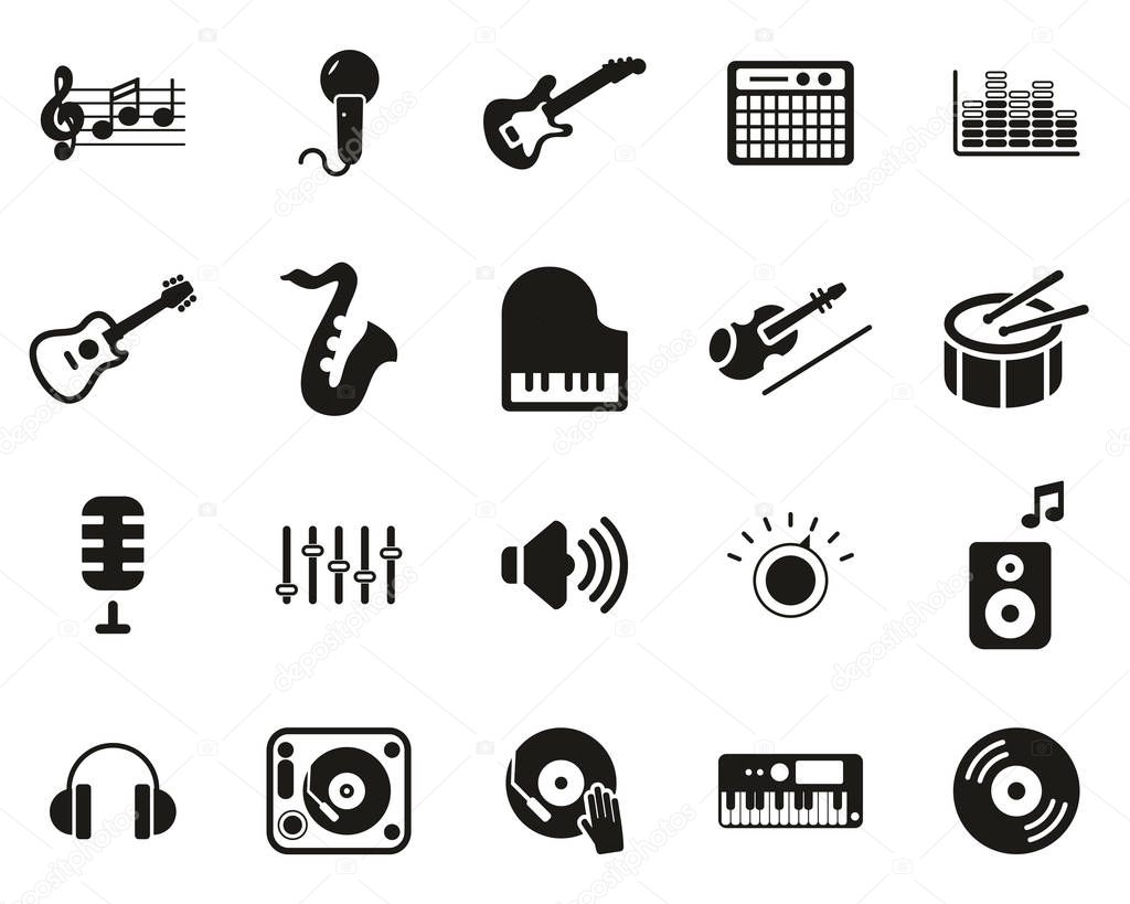 Music Or Music Studio Equipment Icons Black & White Set Big
