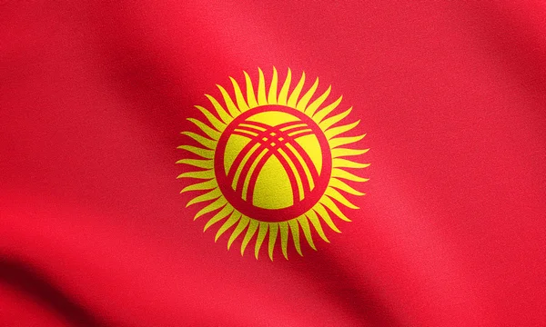 Bandiera del Kirghizistan sventola con texture in tessuto — Foto Stock