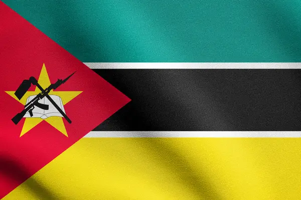 莫桑比克国旗挥舞着织物纹理 — 图库照片