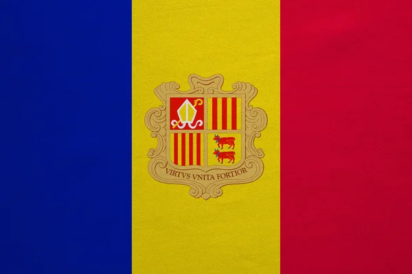 Bandera de Andorra textura de tela detallada real — Foto de Stock