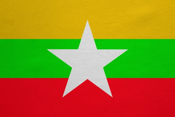 Flaga prawdziwego Myanmar szczegółowe tekstura tkanina — Zdjęcie stockowe