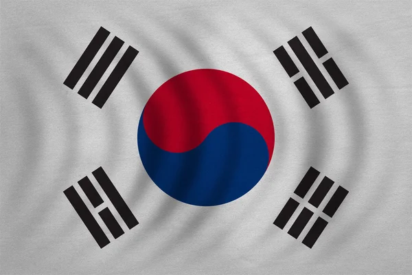 Bandeira da Coreia do Sul ondulada, textura de tecido detalhado — Fotografia de Stock
