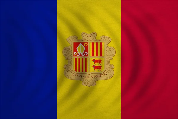 Flagga av Andorra vågiga, riktigt detaljerade tyg textur — Stockfoto
