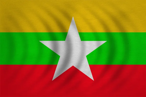 Bandera de Myanmar ondulada, textura de tela detallada real — Foto de Stock