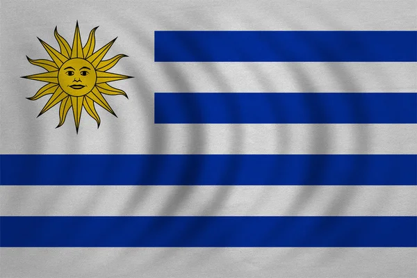 Bandeira do Uruguai ondulada, textura de tecido real detalhado — Fotografia de Stock