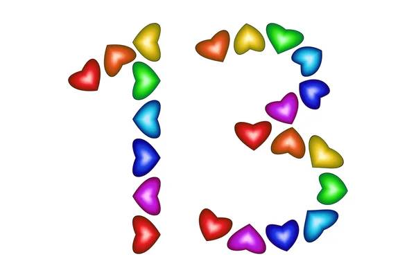 Number 13, thirteen from colorful hearts on white — Stock Vector