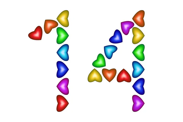 Numéro 14, quatorze de cœurs colorés sur blanc — Image vectorielle