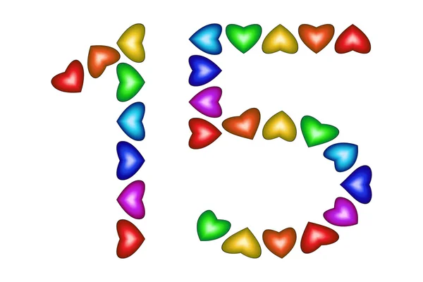 Αριθμό 15 δεκαπέντε κατασκευασμένο από πολύχρωμες καρδιές σε λευκό — Διανυσματικό Αρχείο
