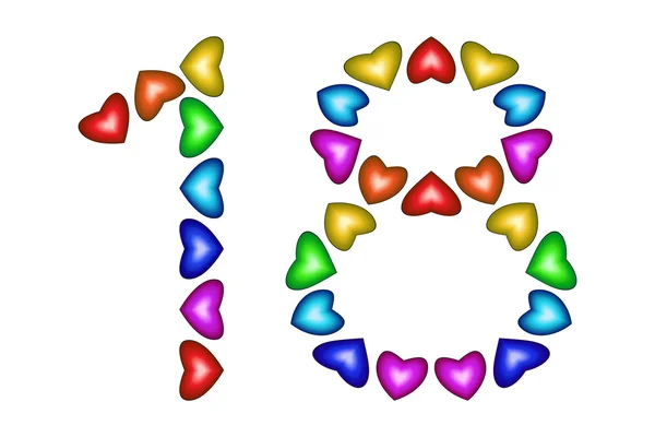 Numéro 18, dix-huit de cœurs colorés sur blanc — Image vectorielle