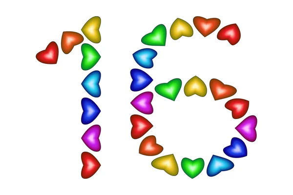 Number 16 sixteen made of colorful hearts on white — Stock Vector