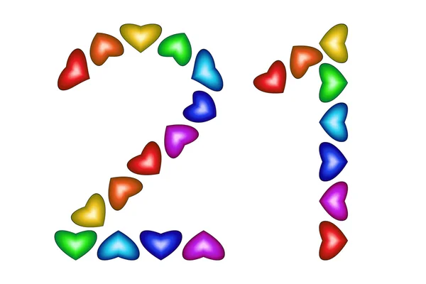 Number 21, twenty one of colorful hearts on white — Stock Vector