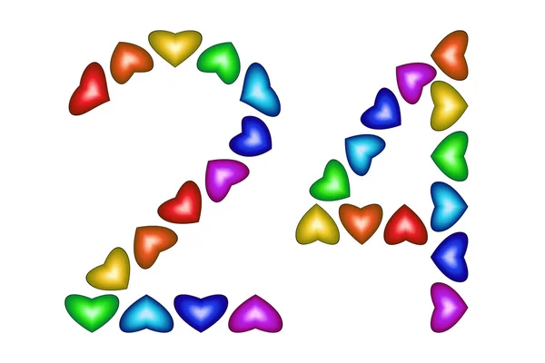 Number 24, twenty four of colorful hearts on white — Stock Vector