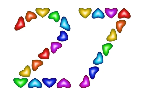 Aantal 27 zevenentwintig kleurrijke harten op wit — Stockvector