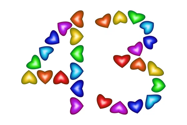 Číslo 43, čtyřicet tři barevné srdce na bílém — Stockový vektor