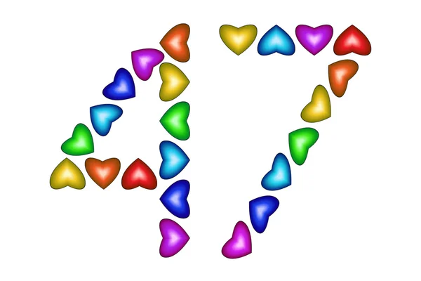 Número 47, cuarenta y siete de corazones coloridos en blanco — Vector de stock