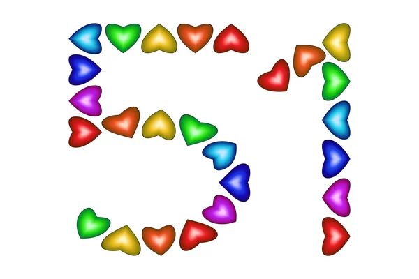 Номер 51, пятьдесят одно цветное сердце на белом — стоковый вектор