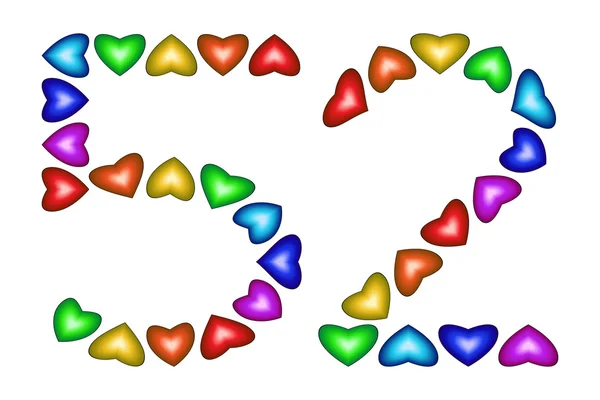 Número 52, cincuenta y dos de corazones coloridos en blanco — Vector de stock