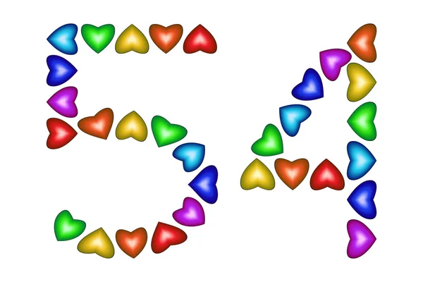 Número 54, cincuenta y cuatro de corazones coloridos en blanco — Vector de stock