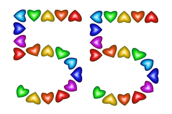 数 55、白地にカラフルなハートの 50 5 — ストックベクタ