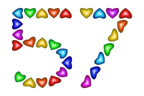 Número 57, cincuenta y siete de corazones coloridos en blanco — Vector de stock